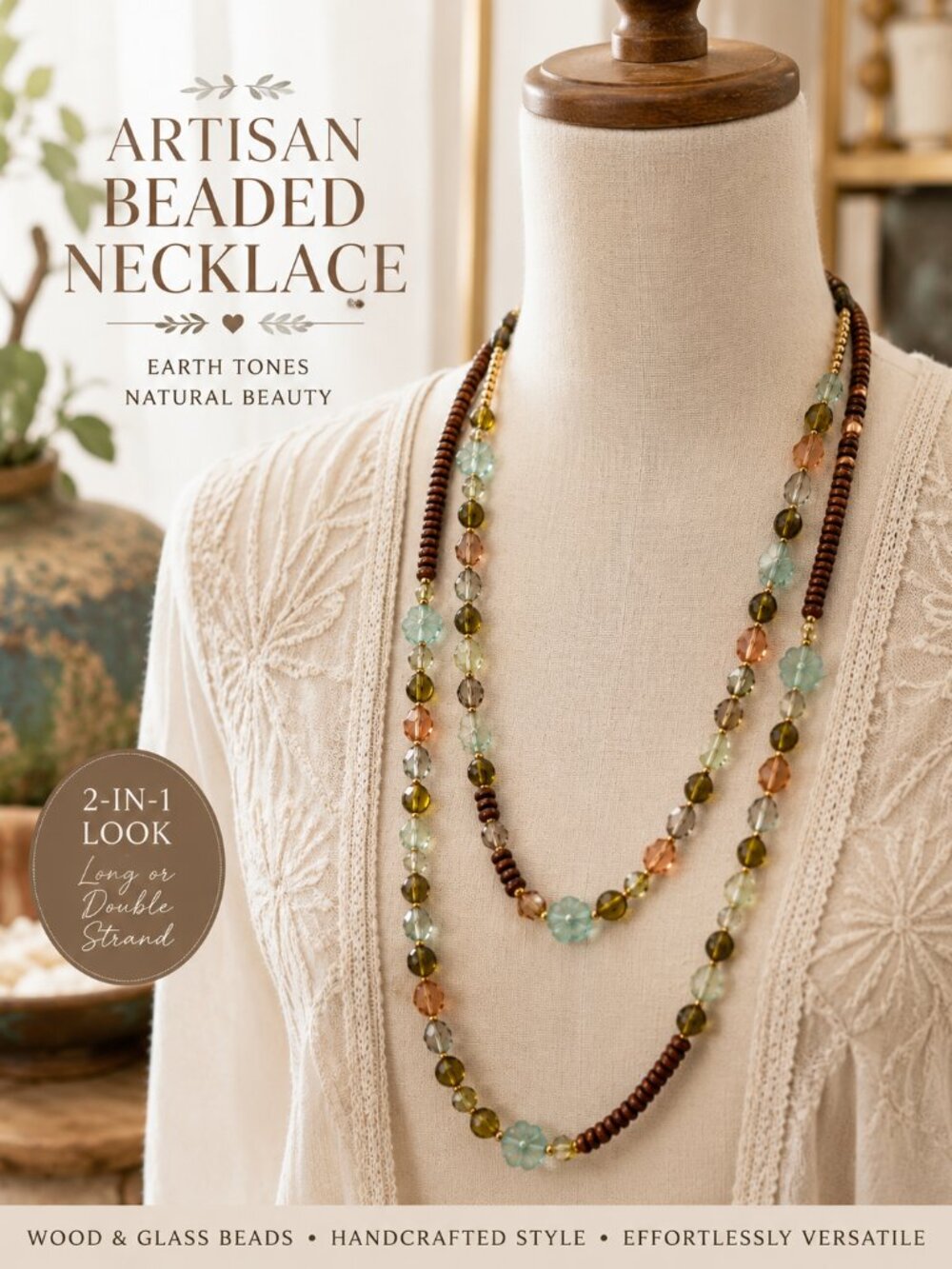 Earth Tone Wood & Glass Beaded Necklace | Artisan Style Layering Necklace